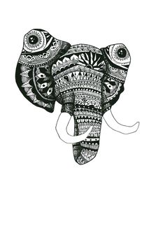 an elephant with intricate designs on it's body and tusks is shown in black and white