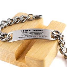 Are you on the hunt for a unique, heartfelt gift that speaks volumes? Allow us to present the Timeless Boyfriend Cuban Chain Stainless Steel Engraved Bracelet—a handcrafted marvel that perfectly blends style and sentiment. Whether you're looking for a birthday gift, an anniversary present, or a just-because surprise, this bracelet is the epitome of thoughtfulness. The message card reads: Remember, you will never lose; you will either win or learn. I will always be there to love you, and I will a To My Boyfriend, Bracelets For Boyfriend, Birthday Bracelet, Moon Gifts, Christmas Bracelet, Engraved Bracelet, Boyfriend Birthday, Cuban Chain, My Boyfriend