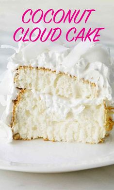 a slice of coconut cloud cake on a white plate