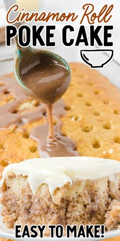 cinnamon roll poke cake with frosting being drizzled over it