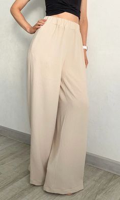 Elegant Vacation Bottoms Solid Color, Elegant Solid Color Vacation Bottoms, Non-stretch Beige Ankle-length Wide Leg Pants, Chic Wide Leg Pants In Solid Color For Vacation, Chic Solid Color Wide Leg Pants For Vacation, Chic Non-stretch Wide Leg Pants For Beach, Wide Leg Pants For Workwear In Solid Color, Summer Wide Leg Work Pants Solid Color, Summer Wide Leg Work Pants In Solid Color