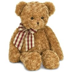 a brown teddy bear with a checkered ribbon around it's neck sitting on a white background