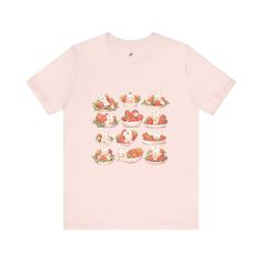 Our delightful Strawberries and Cream Tee is a charming addition to your wardrobe and bound to bring a smile to anyone's face! Crafted with care and quality in mind, this classic unisex jersey short sleeve tee is designed to be your new favorite go-to. Made with 100% Airlume combed and ring-spun cotton, this lightweight fabric ensures comfort and breathability, perfect for both active days and leisurely strolls. The softness of the cotton and the impeccable quality of the print will have you fal Cute Relaxed Fit T-shirt As Gift, Cute Funny Print T-shirt, Sweet Strawberry Print Short Sleeve T-shirt, Cute Pink Shirt With Strawberry Print, Sweet Short Sleeve Tops With Fruit Print, Sweet Pink Strawberry Print T-shirt, Sweet Pink T-shirt With Strawberry Print, Cute Strawberry Print Shirt, Sweet Strawberry Print Crew Neck T-shirt