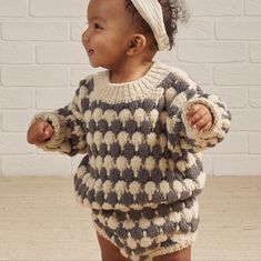 This Knit Bloomer Is Made Of The Softest Jacquard Knit With An All-Over Pattern. Finished With A Ribbed Waistband And Leg Openings. Featuring Our 'Ivory/Slate Stripe' All Over Print. Care: Machine Wash Cold. Lay Flat To Dry. Made Of 80% Acrylic, 20% Wool Cozy Knitted Sweater For Playtime, Cozy Knitted Sweater For Casual Wear, Jacquard Knit, Kids Bottoms, Kids Shop, Wool, Grey, Knitting, Pattern