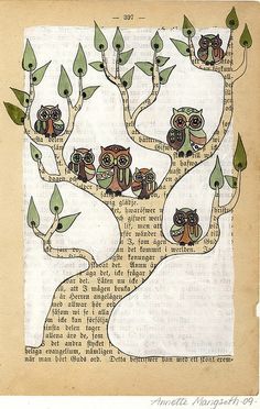 an owl family tree with leaves and birds on it's branches is featured in this book page