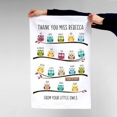 a woman holding up a poster with owls on it that says, thank you miss reebca from your little owls