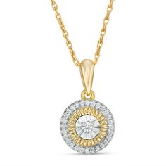 Add sparkle to your attire with this gleaming diamond pendant. Fashioned in warm 10K gold, this petite choice glistens with a shimmering center diamond - artfully set to enhance size and sparkle - wrapped in a grooved ribbon and a glimmering frame of petite diamonds. Brilliant with 1/10 ct. t.w. of diamonds and a bright polished shine, this dazzling pendant suspends along an 18.0-inch rope chain that secures with a spring-ring clasp. Textured Frame, Zales Zales, Dancing Diamond, Solitaire Diamond Pendant, Diamond Pendants Designs, Diamond Pendant Sets, Accesories Jewelry, Diamond Frame, Diamond Chain