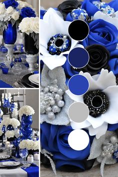 blue and white flowers are arranged in vases with silver accents on the centerpiece