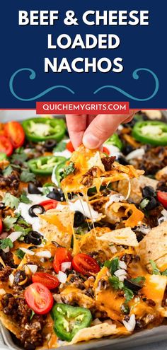 A close-up shot of a tray of loaded nachos topped with seasoned ground beef, melted cheddar cheese, fresh jalapeño slices, diced tomatoes, sour cream, and a sprinkle of cilantro. The golden tortilla chips are layered with vibrant, colorful toppings, ready to be served as a delicious appetizer or snack. Loaded Nachos Recipe, Cheesy Chips, Best Beef Recipes, Loaded Nachos, Game Snacks, Nachos Recipe, Nacho Cheese