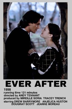 an advertisement for the movie ever after, featuring two actors in black and white outfits