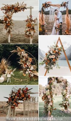 the wedding arch is decorated with flowers and feathers