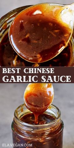 a spoon full of sauce sitting on top of a glass jar filled with sauce and another photo