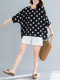 Sku CY-!21937 Material Cotton , Polyester Style Loose , Plus Size Feature Polka-dot Occasion Bohemia , Beach Neckline Round-neck Seasons Spring , Summer , Autumn Type Blouses&shirts Tops Color BLACK,WHITE Size LARGE SIZE Size chart: Please consult the size chart we provide for this item's measurements to help you decide which size to buy. Please note: There may be 1-3cm differ due to manual measurement. CMINCH Cm Bust Hemline Length LARGE SIZE 158 150 67/73 Polka Dots Tops, Chiffon Shirt Blouse, Batwing Sleeve Blouse, Tops And Blouses, Boho Style Dresses, Top Shirt Women, Women Shirts Blouse, Blouse Shirt, Petite Outfits