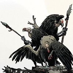 a drawing of two vultures on top of each other with swords in their hands