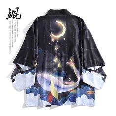 This black background haori features a large striking image on the back - a fantastic Kun (Fabulous Sea Monster) that is accented with golden color moon and butterflies. Use coupon code <FOX15> to Save 15%. Moon Haori, Moon Butterfly, Sea Monster, Cotton Polyester Fabric, Casual Cardigans, Nerd Stuff