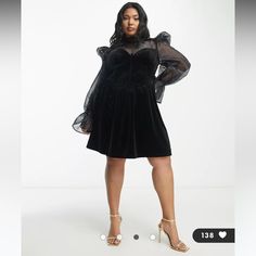 Asos Luxe Curve High Neck Corsetted Velvet Mini Dress With Sheer Sleeves In Black. Ordered For My Mom But It Didn’t Fit Her. Brand New. Kimono Mini Dress, Dress With Sheer Sleeves, Corduroy Overall Dress, Ball Skirt, Blazer Mini Dress, Cherry Dress, Velvet Mini Dress, Denim Overall Dress, Sequin Bodycon Dress