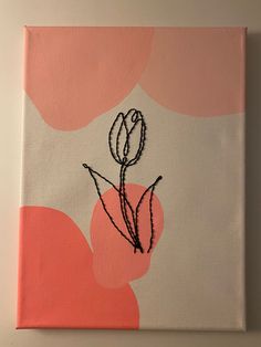 a pink and white painting with a flower on the bottom right corner is an orange circle