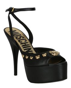 Heel height: 4.75"; Platform height: 1.75" | Buckle ankle closure | Teddy studs at vamp | Round toe | Ankle length; Smooth finish | Spot clean | Upper: 100% Calfskin leather; Lower: 100% Calfskin leather | Made in Italy Womens Teddy, Versace Handbags, Versace Jewelry, Luggage Bags Travel, Versace Accessories, Platform Sandals Heels, Black Sandals Heels, Dior Shoes, Platform Heel