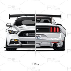 the front and back view of a white mustang