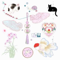 an assortment of stickers with cats and birds on them, all in different colors