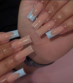 Blue Frenchies Nails, Oval Nails Inspiration, Frenchies Nails, Baby Blue Acrylic Nails, Blue Prom Nails, Cross Nails, Long Square Nails, Baby Blue Nails, Blue Acrylic Nails