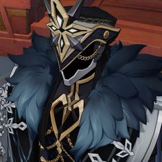 an anime character dressed in black and gold with blue hair, wearing a helmet and feathered coat