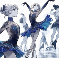 two ballerinas dressed in blue and silver, one is holding her leg up