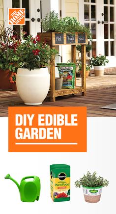 the diy edible garden is on display with potted plants