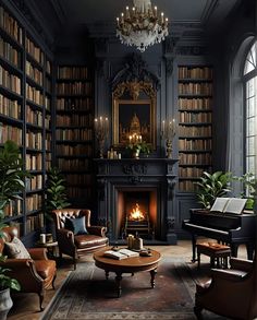 a living room filled with furniture and a fire place in front of a book shelf