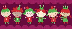 a group of elves standing next to each other on top of a purple background with red and green trim