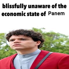 a man wearing a red suit and grey shirt with the words, bilsfully unaware of the economic state of panem