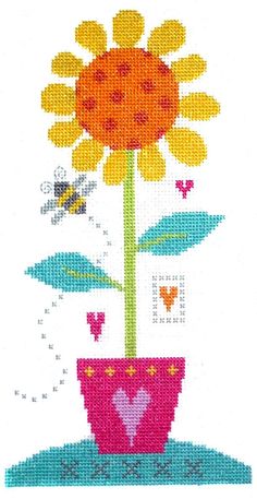 a cross stitch pattern with a sunflower in a flower pot and bees around it