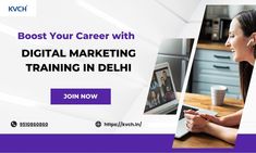 a woman sitting at a table with a laptop computer in front of her and the words, boss your career with digital marketing training in delhi