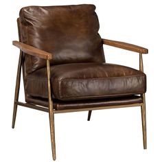 a brown leather chair with wooden legs