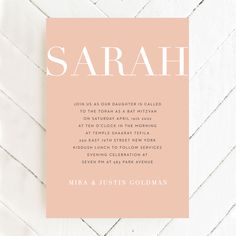 a pink and white wedding card with the word,'sarah'on it