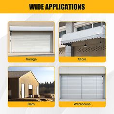 four different types of garage doors with the words wide applications above them and below it