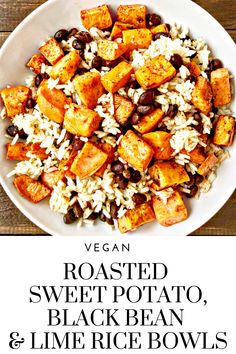 a white plate topped with rice and sweet potatoes next to a bowl of black beans