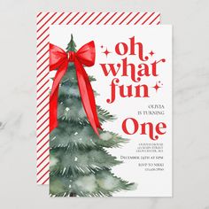 a christmas party card with a red bow on the front and green tree in the back