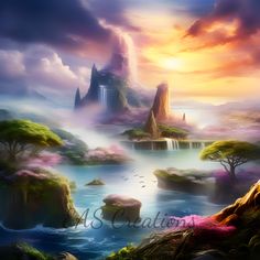 an image of a fantasy landscape with waterfall