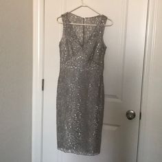 Taupe Lace With Silver Accents Over A Nude Slip. It’s A Beautiful Dress I Purchased Years Ago And Never Had An Occasion To Wear. It’s Never Been Worn And Is Too Small For Me Now. It Has A Side Zip. Not Much Stretch. Waist: 13 3/4” Bust: 17” Length: 40” Elegant Formal Sequin Dress With Shimmer, Elegant Sleeveless Sequin Dress With Shimmer, Elegant Shimmer Sequin Dress For Cocktail, Elegant Shimmer Sequin Cocktail Dress, Elegant Sequin Dress For Cocktail, Elegant Silver Sleeveless Evening Dress, Elegant Metallic Sequin Dress For Formal Events, Elegant Metallic Sequin Dress For Holidays, Elegant Silver Sequin Formal Dress