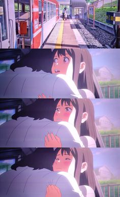 two anime characters are hugging each other in front of a train station with people waiting on the platform