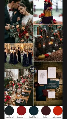 a collage of photos with red and black colors, including the bride and groom