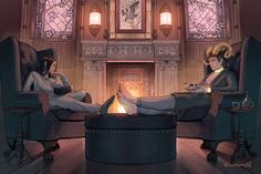 two women sitting on chairs in front of a fireplace