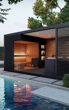 a small pool house with an open door and wooden slats on the outside wall