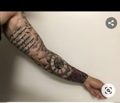 a man's arm with a clock and roses tattoo on the forearm, next to a white wall