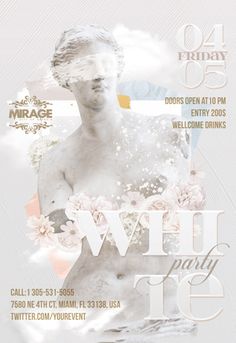 a flyer for a party with a woman in white