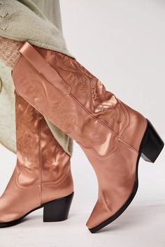 shoes; heels; clogs; loafers; platform; platform heels; trendy shoes; flats; mules; tennis shoes; footwear; boots; free people; we the free; free-est; high boots; cowboy boots; western boots; pull-on style; pull-on boots; satin boots; Jeffrey Campbell; Glamourous Heels, Cowboy Boots For Women, Rugged Boots, Free People Clothing, Satin Heels, Free People Shoes, Embroidered Details, Pull On Boots, Boots For Women