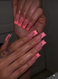 Neon Colour Nails, Holiday Nails Summer Acrylic Long, Neon Pink French Nails, Vaca Nails, Big Nails, Colourful Acrylic Nails, Fake Nails Designs, Wow Nails, Acrylic Nail Set