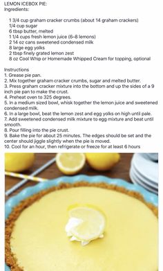 the recipe for lemon icebox pie is shown