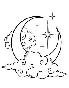 the moon with clouds and stars on it is outlined in black and white, as well as